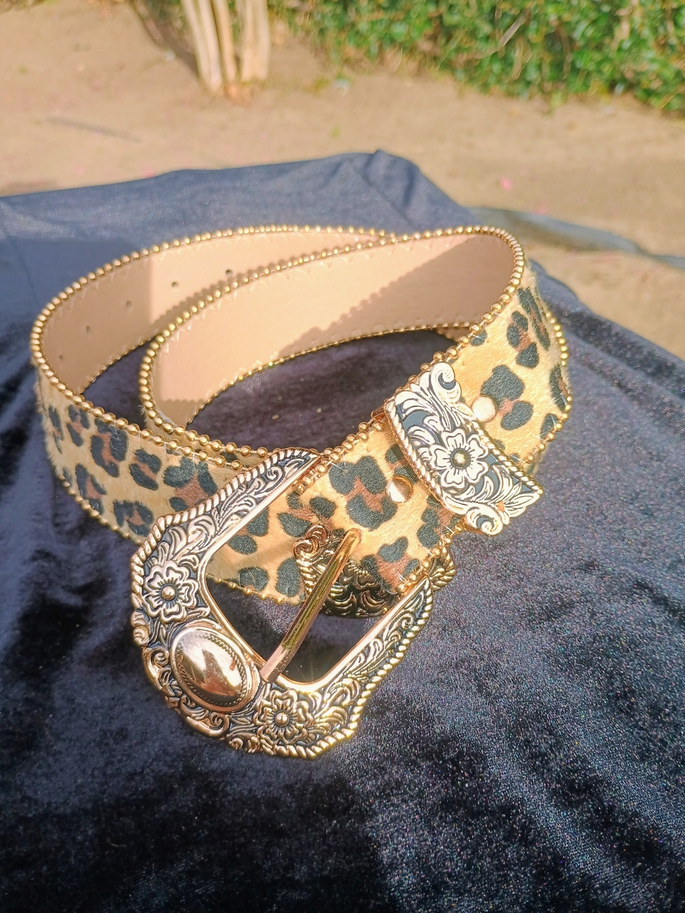 Leopard Print Women's Belt with Ornate Gold Buckle